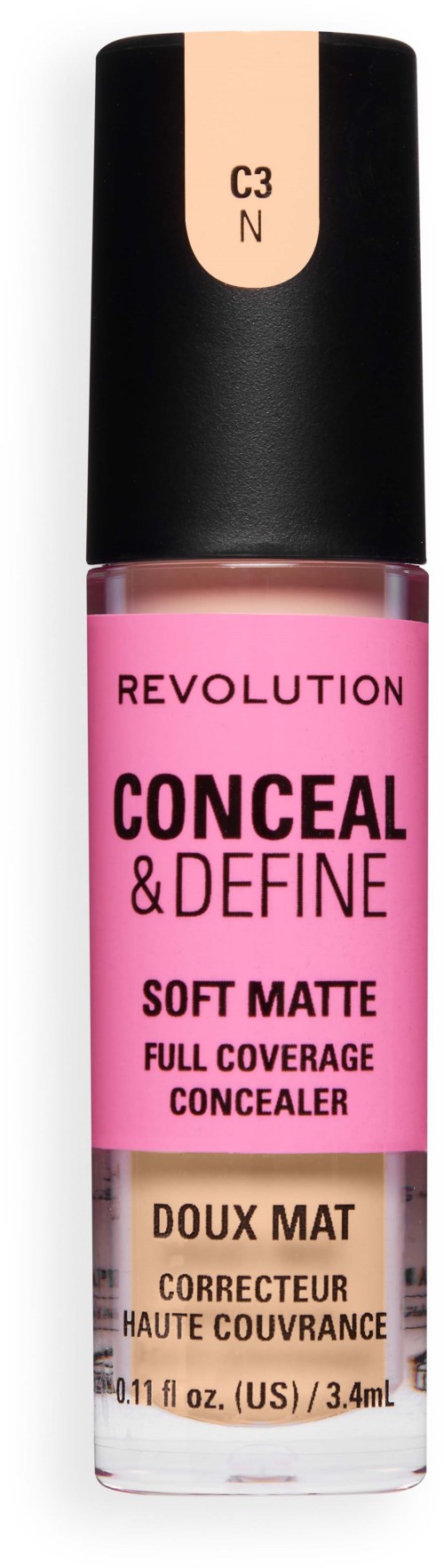 Roze concealerfles met zwarte dop, met label Revolution Conceal & Define Soft Matte Full Coverage.