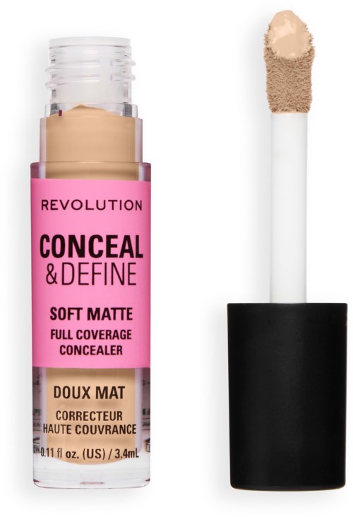 Vloeibare concealer in doorzichtige tube met roze label en zwarte dop, met applicator die beige product toont.