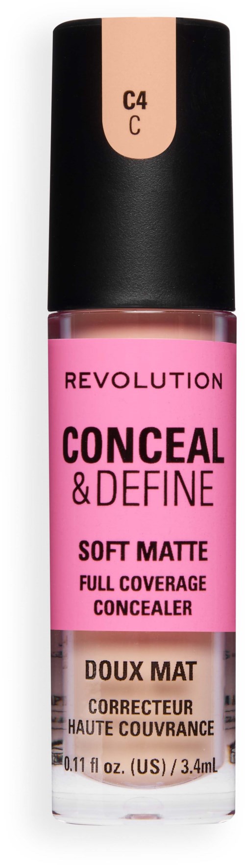 Roze flesje van Revolution Conceal & Define Soft Matte met zwarte dop.