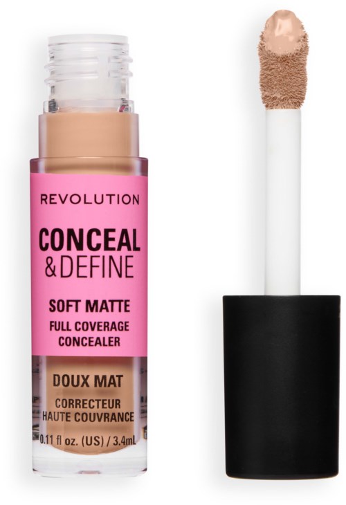 Revolution Conceal & Define Soft Matte vollekkende concealer met applicator. Roze en zwarte verpakking met productnaam en details.