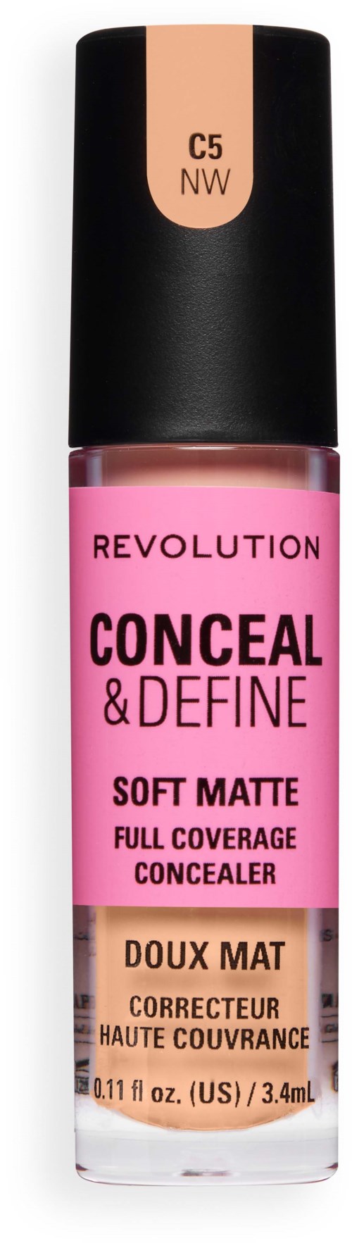 Roze vloeibare concealer in een kleine tube met zwarte dop, gelabeld RevolutioN Conceal & Define Soft Matte.