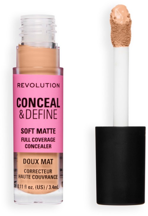 concealer in doorzichtige tube met roze label en zwart deksel, applicator met lichtbeige product.
