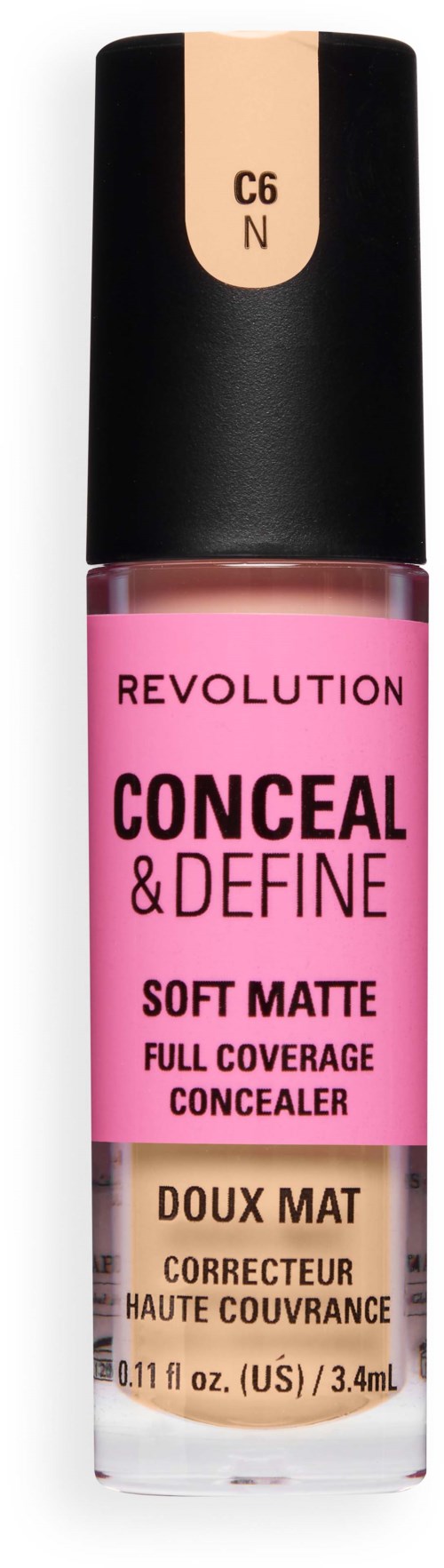 Roze fles van Revolution Conceal & Define Soft Matte Full Coverage Concealer met beige en zwarte dop.