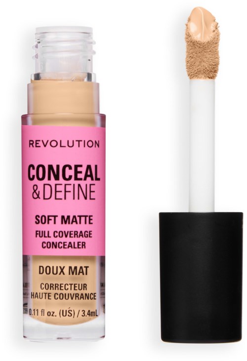 verf concealer in een roze flesje met label Revolution Conceal & Define Soft Matte, met applicator ernaast.
