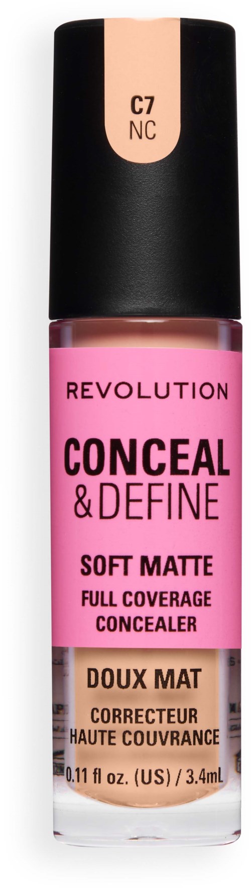 Roze fles met Revolution Conceal and Define zachte matte volledige dekking concealer met beige dop.