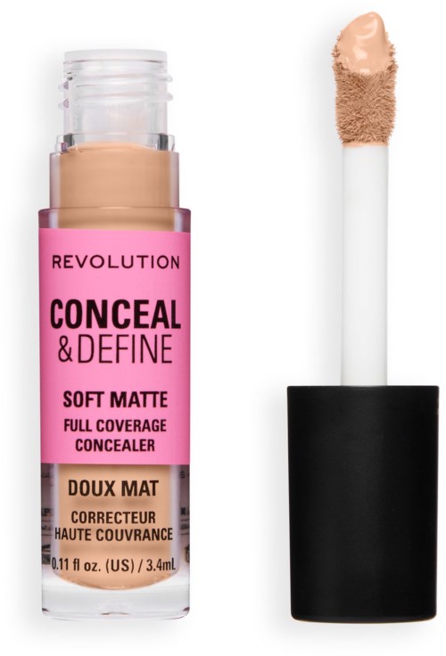 Concealerfles met roze label en beige concealer, met applicator naast het.