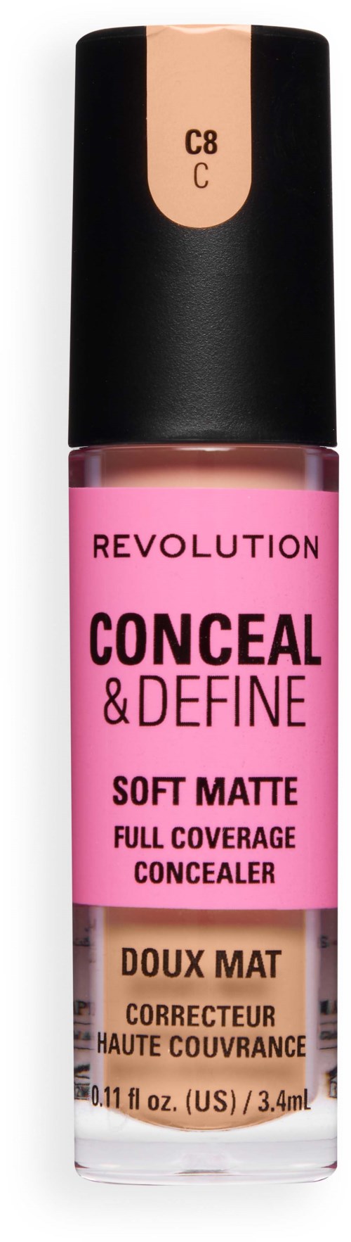Concealerfles met roze label, met tekst Revolution Conceal & Define Soft Matte full coverage, met zwarte dop.