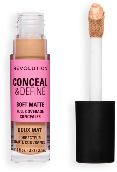 Concealer-stift met roze en beige verpakking, label Revolution Conceal & Define Soft Matte, volledige dekking.