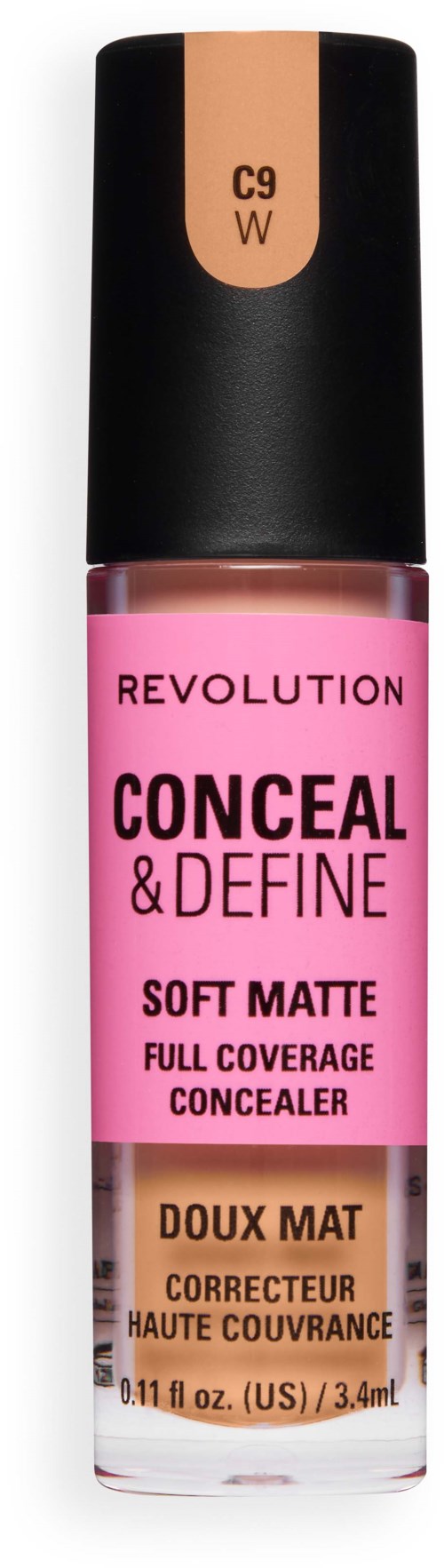 Een roze concealerfles van Revolution met zwarte en beige labels, gemarkeerd als volle dekking en mild mat.