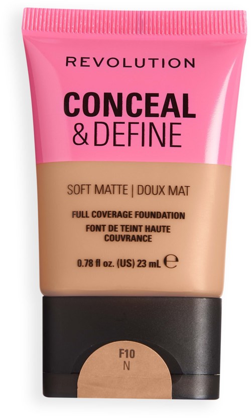 Roze en beige tube van Revolution Conceal & Define foundation, met zwarte dop, met productdetails en tint F10 N.