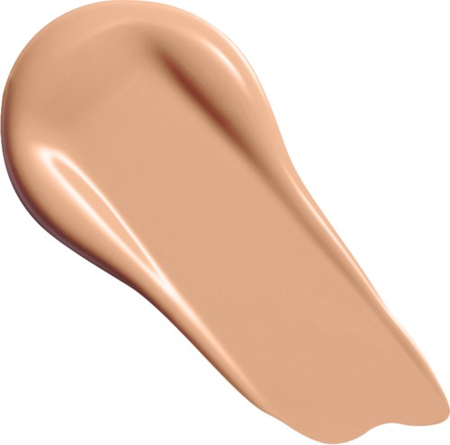 Een gladde beige vloeibare foundationtest met een romige textuur op een witte achtergrond.