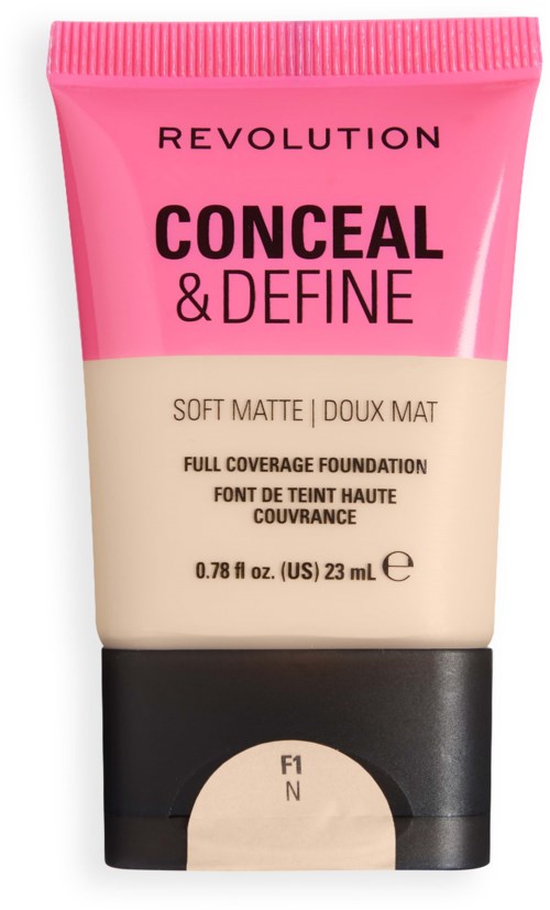 Roze en beige tube van Revolution Concel & Define foundation met zwarte dop.