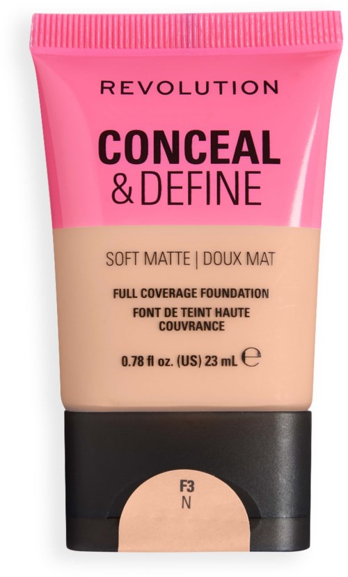 Revolution Conceal & Define zachte matte volledige dekkingsfoundation in kleur F3 N.