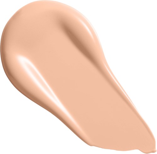Een beige vloeibare foundation uitstrijkje met romige textuur en gladde afwerking.