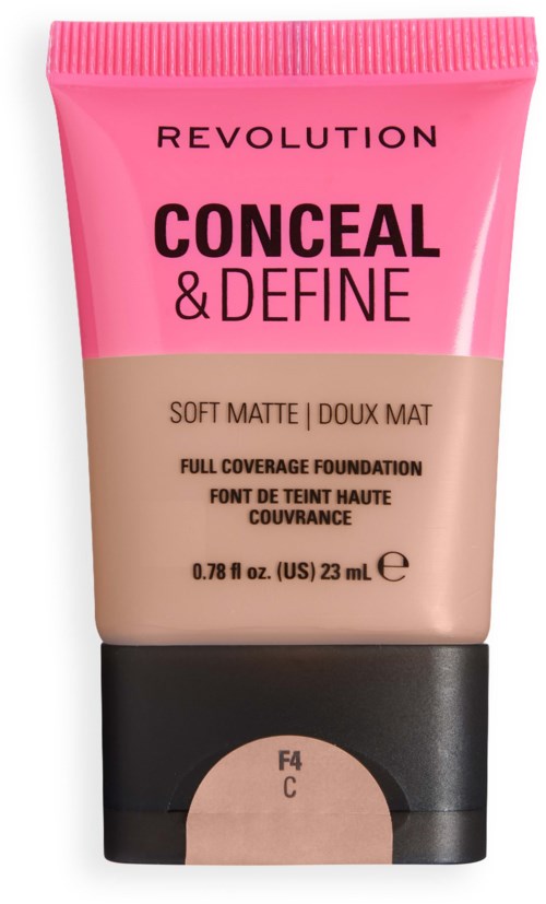 Tube Revolution Conceal & Define foundation, soft matte finish, volle dekking, kleur F4 C.