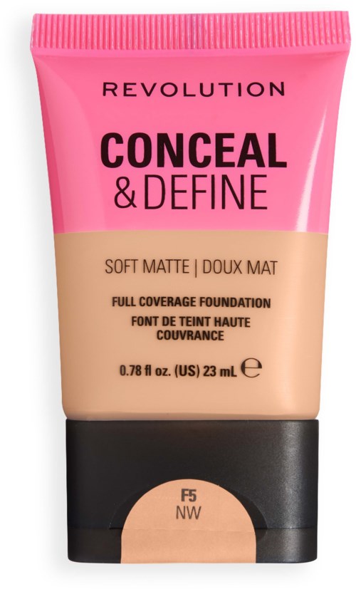 Tube Revolution Conceal & Define foundation in kleur F5 NW, met label die productnaam en details toont.