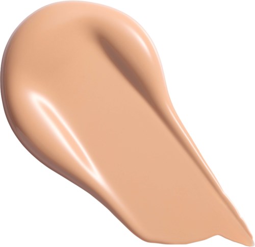 Een beige vloeibare foundation in de vorm van een druppel met een glanzende, gladde afwerking.