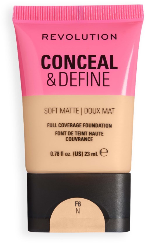 Tube met Revolution Conceal & Define foundation in zachte matte kleur F6 N.