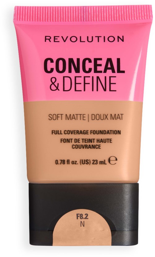 Tube van Revolution Conceal & Define foundation in kleur F8.2 N, voor volledige dekking met matte afwerking.