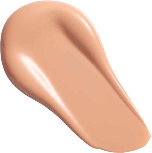 Een druppel beige foundation met een gladde, romige textuur en glanzende afwerking.
