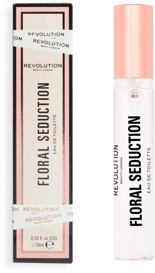 En parfymeflaske merket 'Floral Seduction' ved siden av esken med rosa og svarte detaljer.