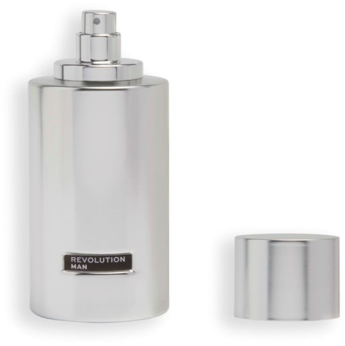 En silverdofterflaska med spray och ett separat lock.