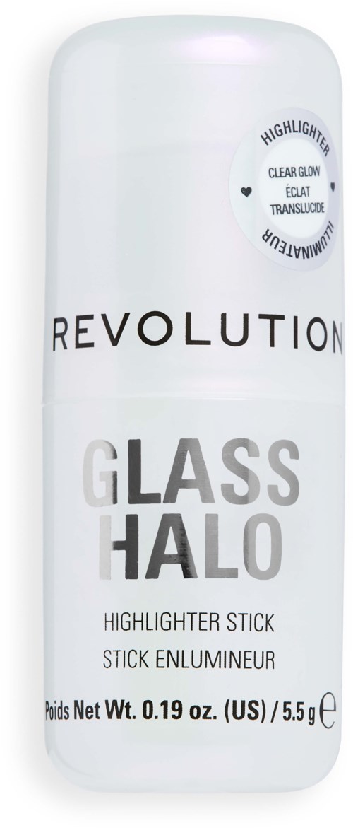 A white cylindrical highlighter stick with black and gray text, brand name Revolution, and product details in smaller print.