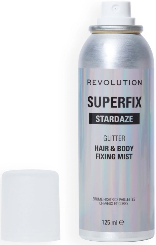 En silverburk av Revolution Superfix Stardaze glitter hår- och kroppsspray med vit lock.