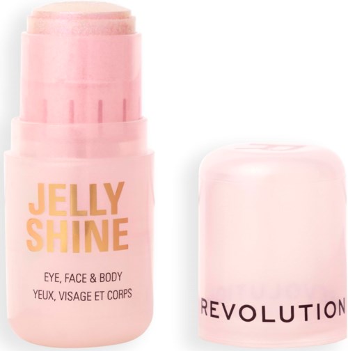 A pink container labeled 'Jelly Shine' for eye, face, and body use, with the cap removed showing stick inside.