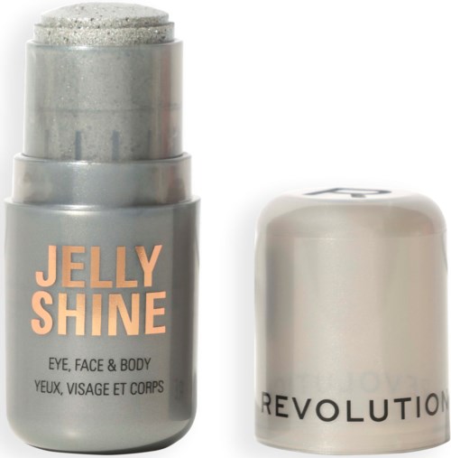 A silver container labeled Jelly Shine for eye, face, and body, with a lid placed beside it.