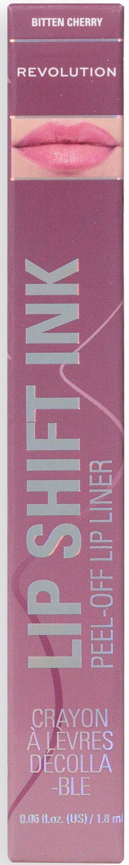 Pink packaging for a lip gloss, showing lips and branding details.