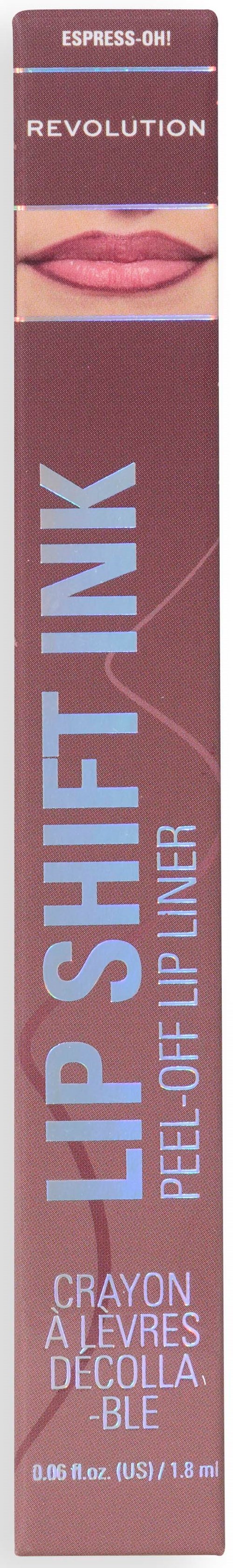 Lipstick packaging with a close-up of lips, brand name Revolution, and product description in pastel shades.
