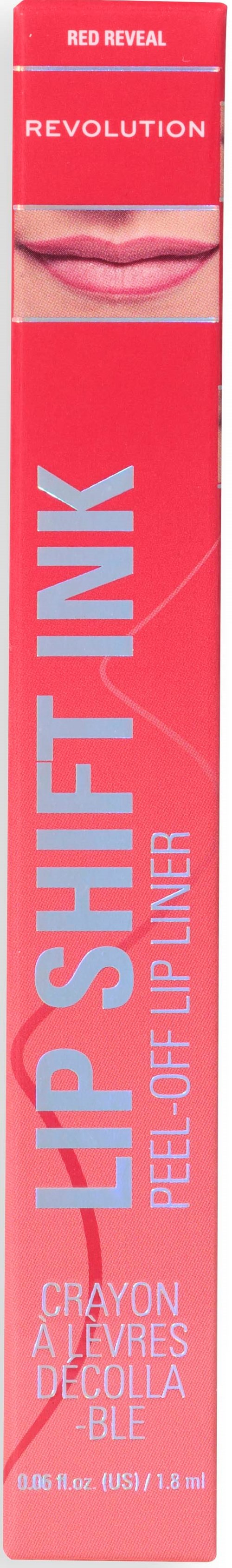 A pink box for lip gloss, showing lips and text about peel-off lip liner, with a black background.