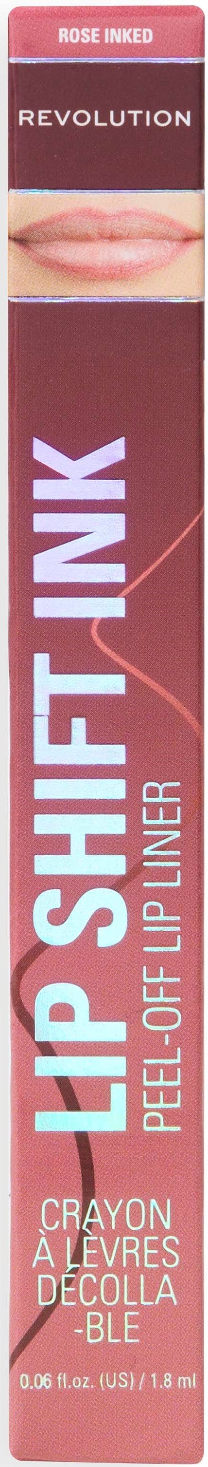 Lipstick tube with pink and purple shades, labeled 'LIP SHIFT INK' and 'REVLON'. It has a picture of lips.
