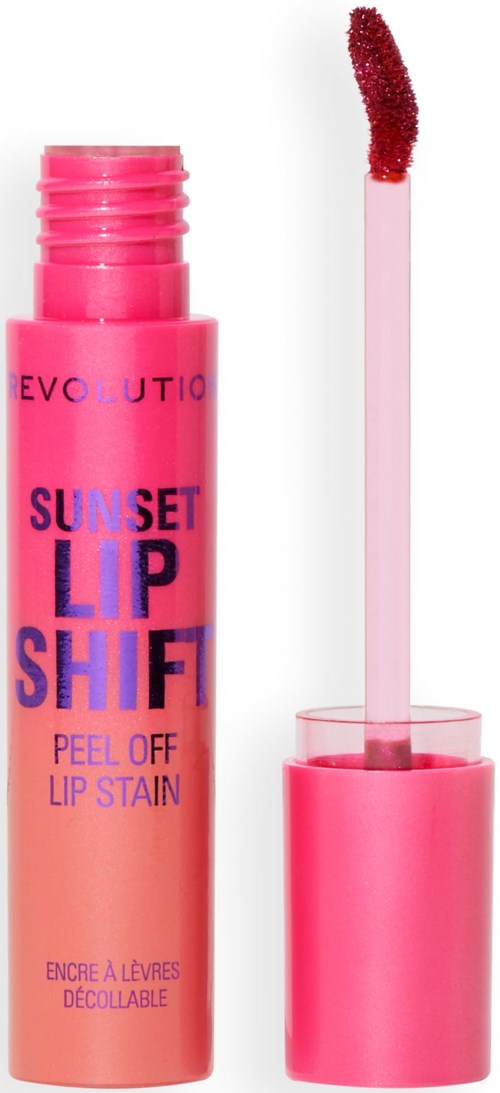 Pink lip stain with an applicator wand and open cap, used for adding color to lips.