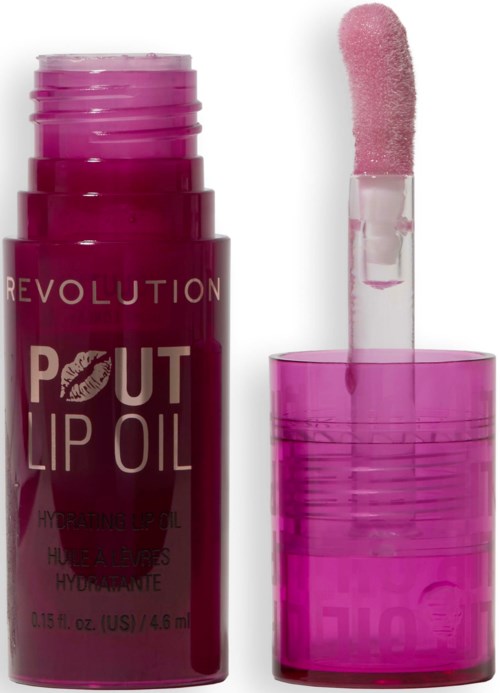 Liten rosa läppolja i tub med applicator, märkt 'Revolution Pout Lip Oil' på flaskan.