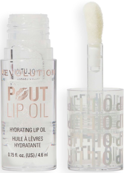 Läppolja i liten klar flaska med en vit applikator. Text på flaskan säger "Pout Lip Oil."