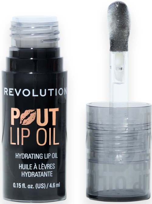 A black container of lip oil with a white cap and a clear applicator showing. The label says "Revolution Pout Lip Oil."