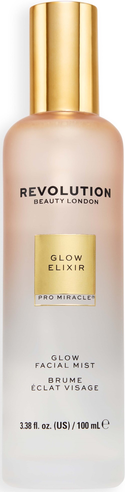Eine lange Flasche Revolution Beauty Glow Elixir Gesichtsspray mit goldener Kappe und minimalistischer Beschriftung.