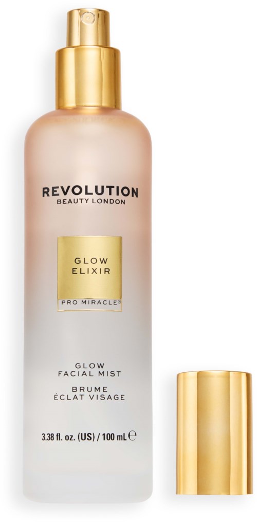 Glows Gesichtsspray-Flasche mit goldener Kappe und Pumpe, beschriftet Revolution Beauty London Glow Elixir, 3,38 fl oz.
