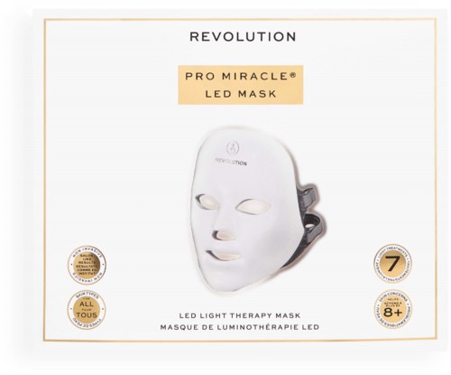 Förpackning för Revolution Pro Miracle LED Mask med ansiktsmask och etiketter om LED-ljusterapi.