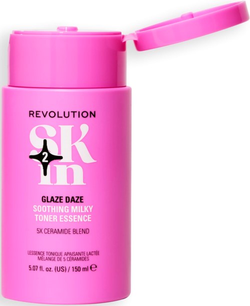 Rosa flaska med lock som kan öppnas, märkt 'Revolution Sk- in' och 'Glaze Daze' för lugnande toner.