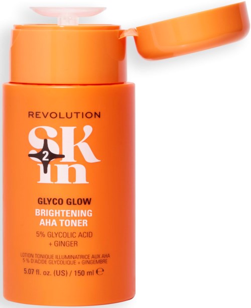Hellorange Flasche mit SKIN Glyco Glow Toner, Deckel offen, enthält aufhellende Inhaltsstoffe und Glycolsäure.