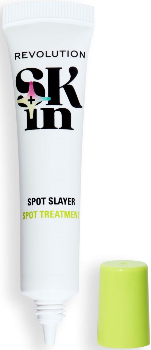 A white tube with black and colorful text, labeled 'Spot Slayer' for acne treatment. Yellow cap nearby.
