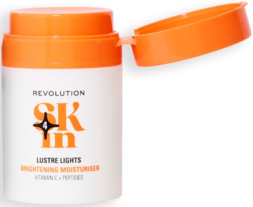 Orange lid open, white container of skincare product with black, orange, and white label, showing Brightening Moisturiser for skin.