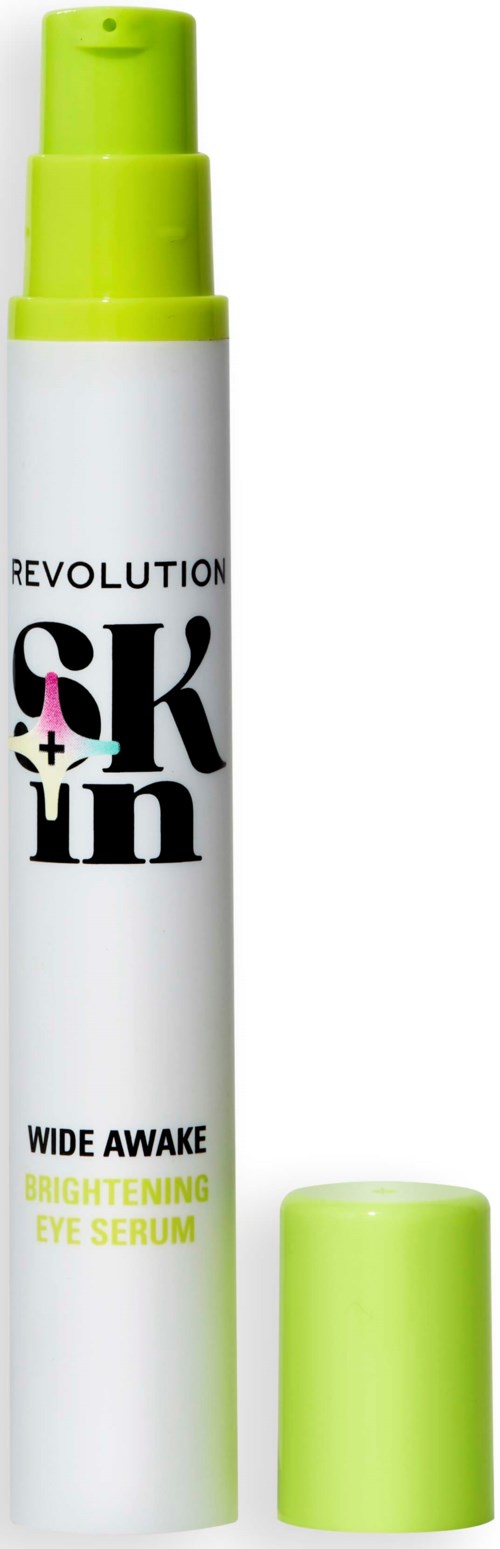 En hvit og grønn flaske med lokk, merket 'Revolution Skin Brightening Eye Serum,' står oppreist.
