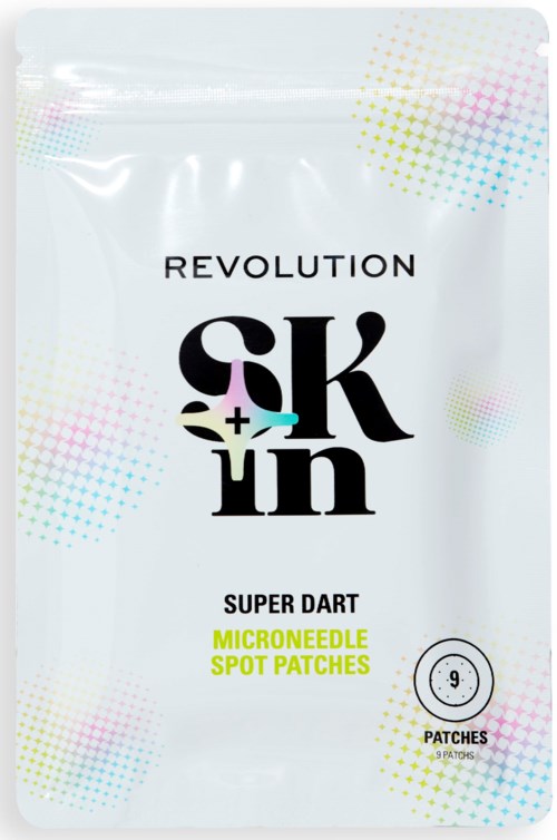 En hvid pakke med farverige prikmønstre, fed tekst og nævner microneedle spot patches og patches.