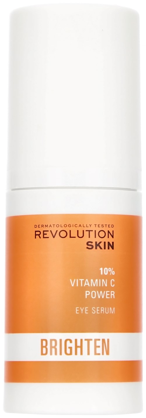 En vit flaska med en orange etikett som säger "Revolution Skin, Brighten, 10% Vitamin C Power, Eye Serum."