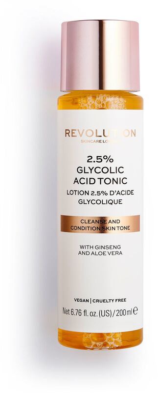 En hudpleieflaske med rosa hette, inneholder en glykolsyretoner for rens og pleie av huden, med ginseng og aloe.