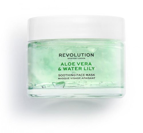 Ett burk med ansiktsmask med aloe vera och vattenlilja, märkt som lugnande från Revolution Skincare London.